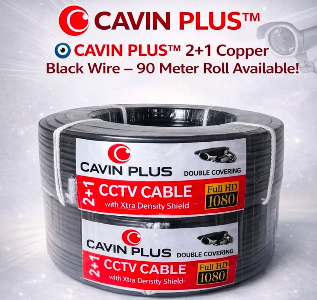 Cavin Plus 2+1 CCTV Outdoor Cable | 90 Meter Standard Length | Solid Bare Copper Conductor | LLDPE-PE Sheath | Weatherproof | Jet Black